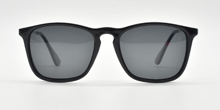 Black rounded rectangular front view glasses with tinted glasses
