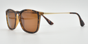 side view Tortoiseshell rounded rectangular glasses showing gold coloured arm