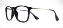 side view Black rounded rectangular glasses showing silver coloured arm