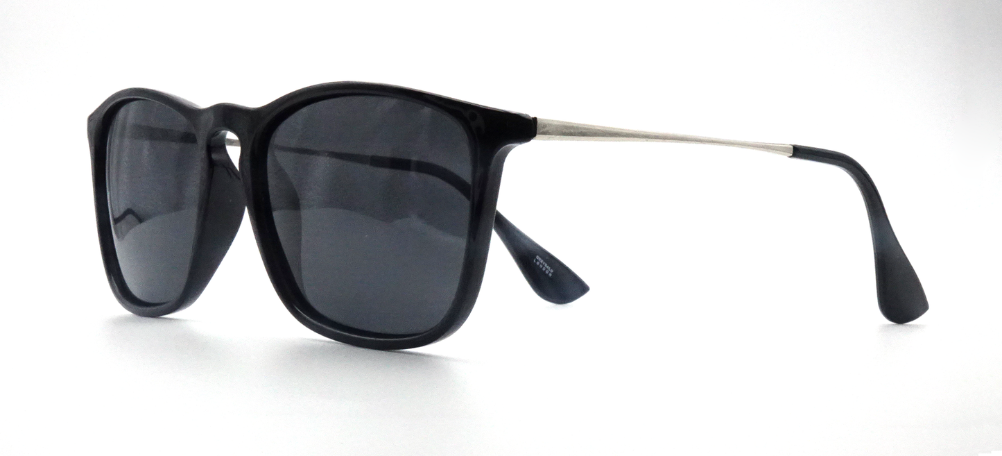 side view Black rounded rectangular glasses showing silver coloured arm