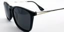 side view Black rounded rectangular glasses showing silver coloured arm