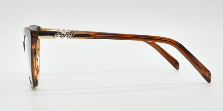 side view brown cat's eye frame showing zig-zag crystal detail on the arm