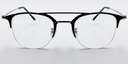 front view round half rimless glasses. Black with silver bridge and hinge accents. 