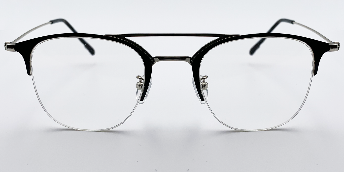 front view round half rimless glasses. Black with silver bridge and hinge accents. 