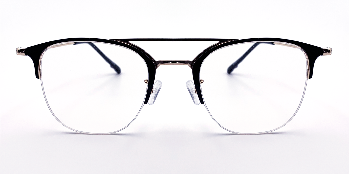 front view round half rimless glasses. Black with gold coloured bridge and hinge accents. 