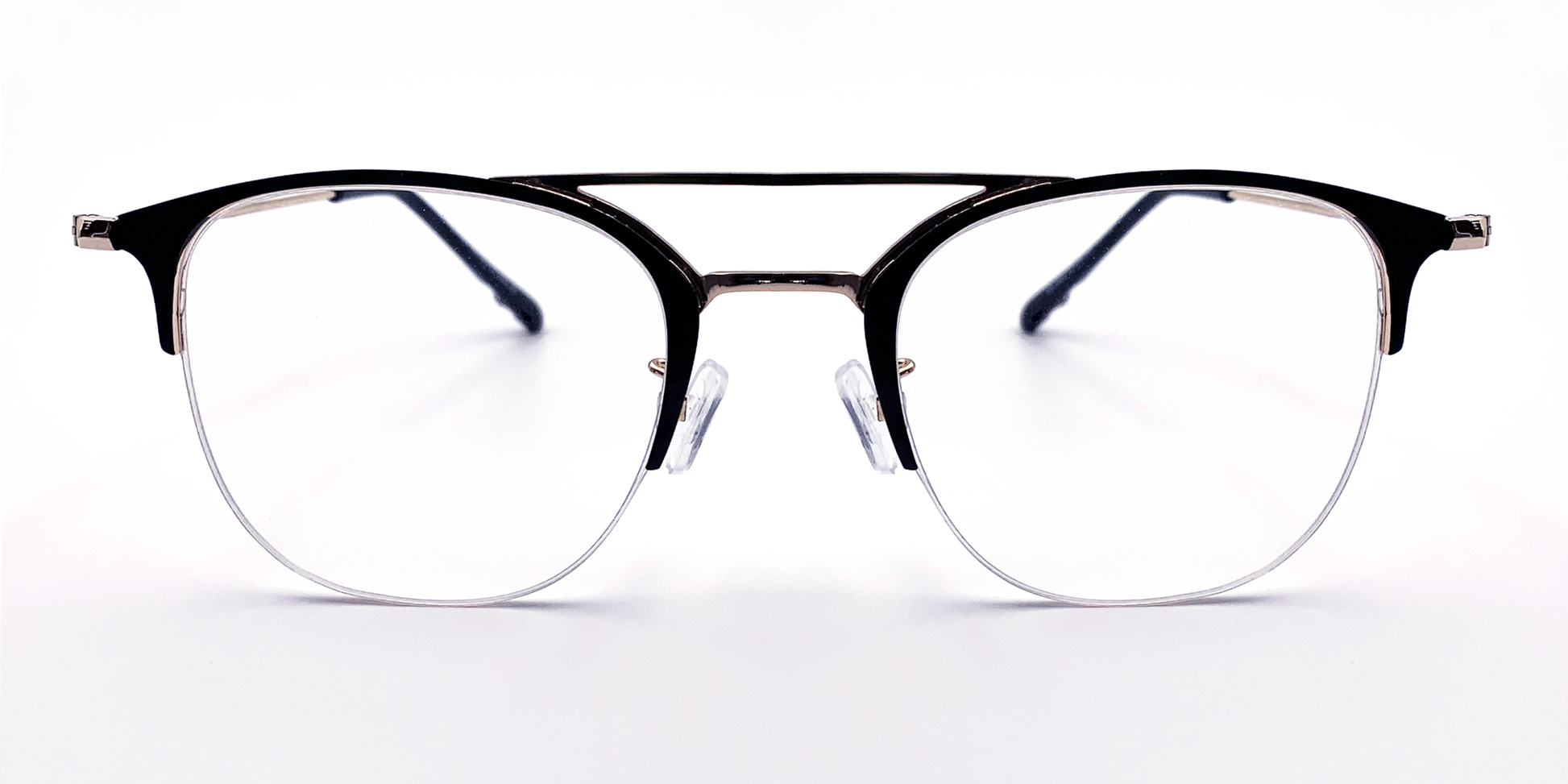 front view round half rimless glasses. Black with gold coloured bridge and hinge accents. 