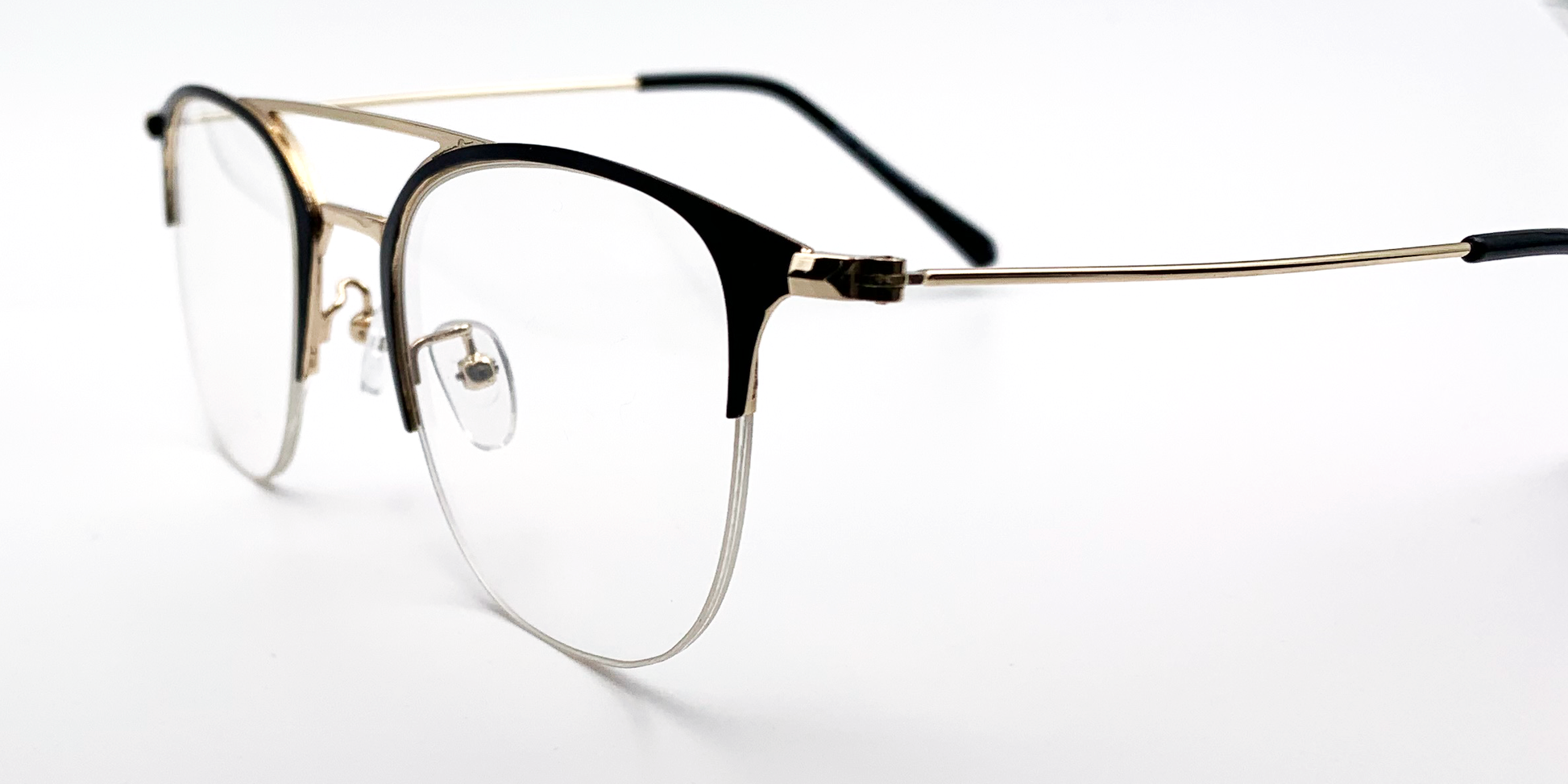 Side view round half rimless glasses. Black with gold coloured bridge hinges and arms. 