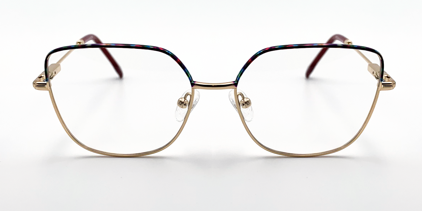 front view delicate metal frame. multi colour top of frame and gold rest of frame.