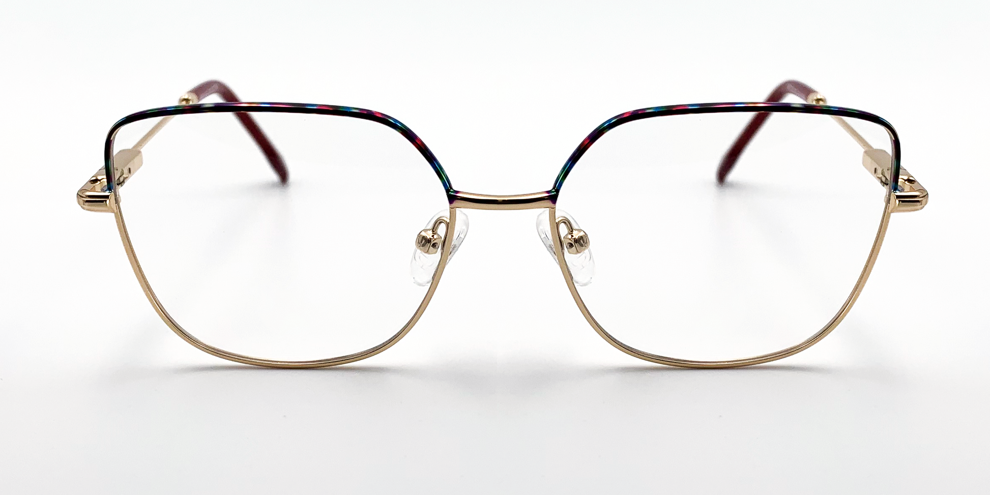 front view delicate metal frame. multi colour top of frame and gold rest of frame.