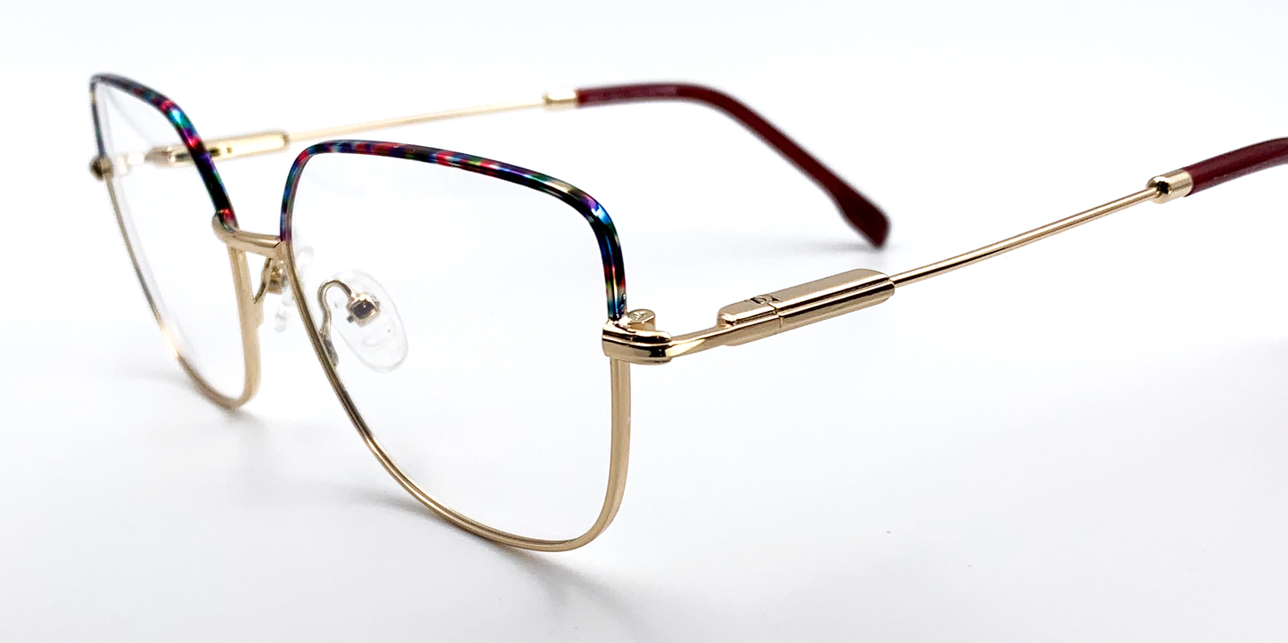 side view delicate metal frame. multi colour top of frame and gold colourrest of frame.
