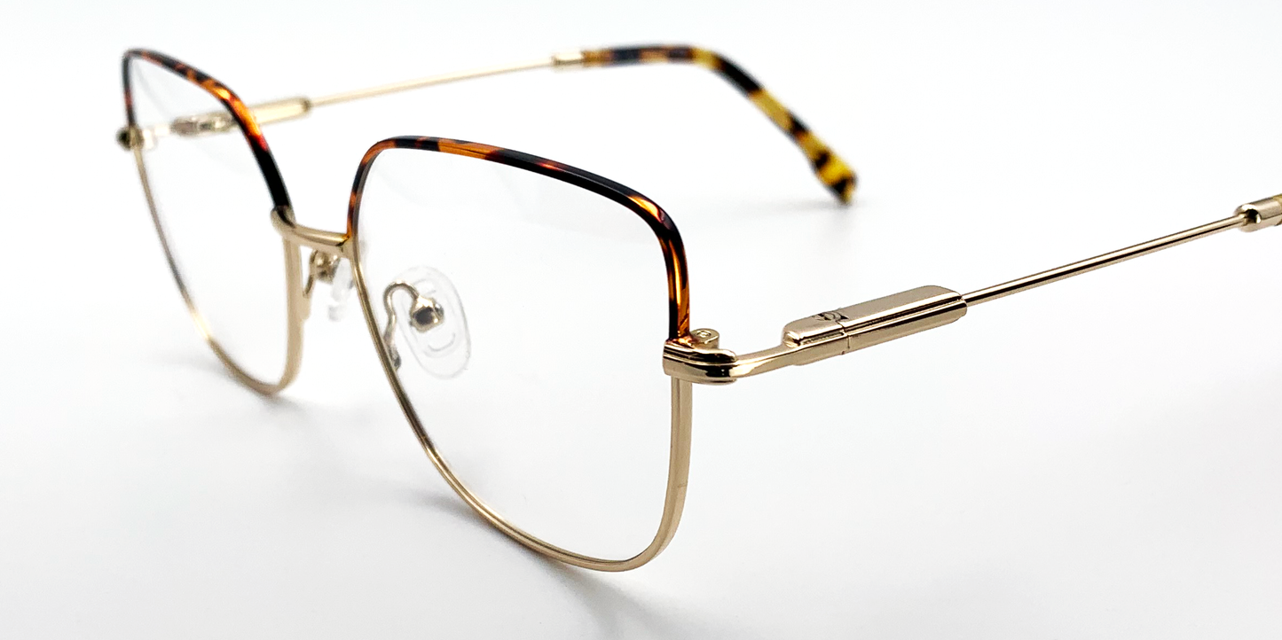 side view delicate metal frame. Tortoiseshell colour top of frame and gold colour rest of frame.
