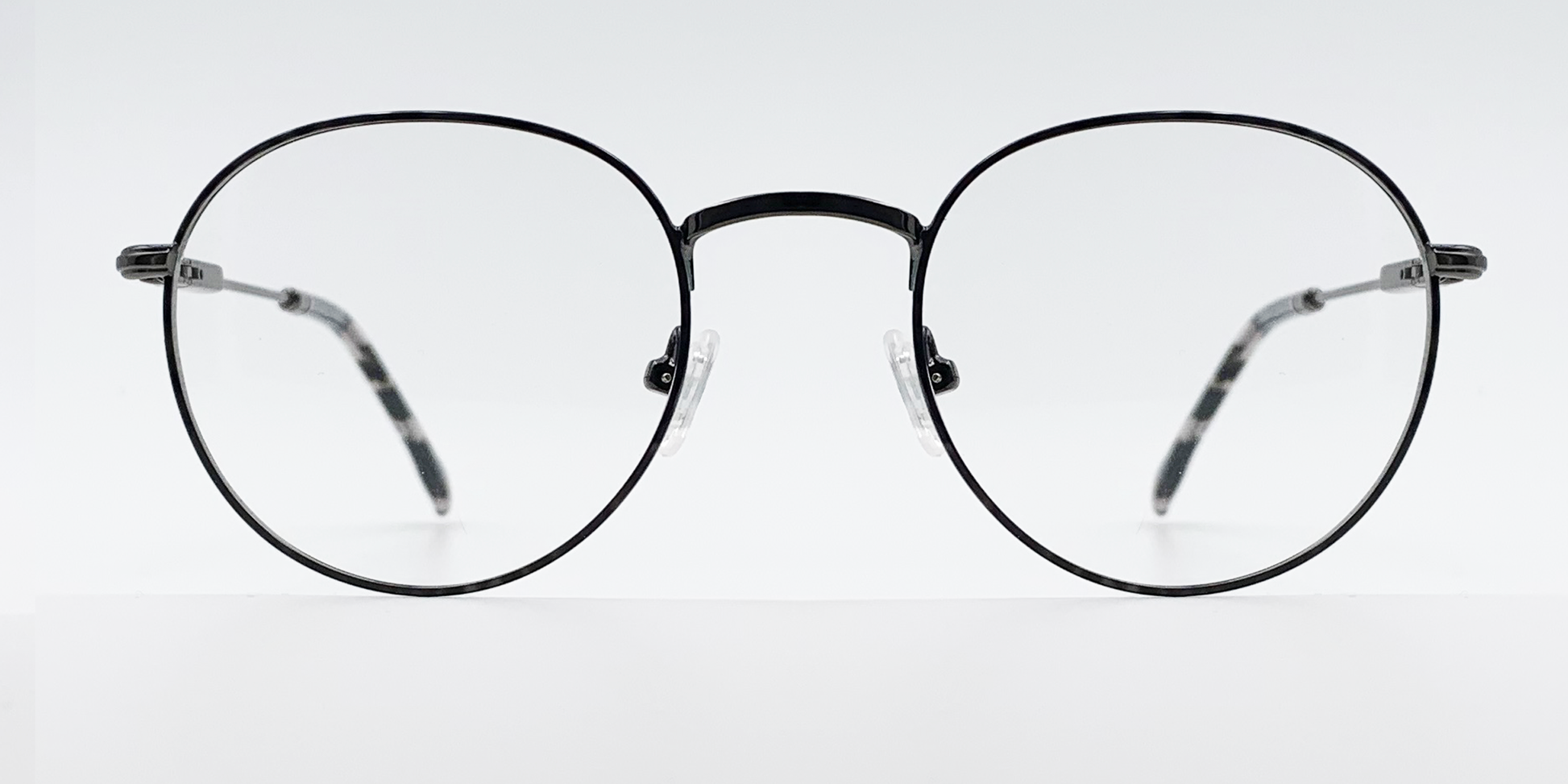 front view delicate round metal frame. black colour