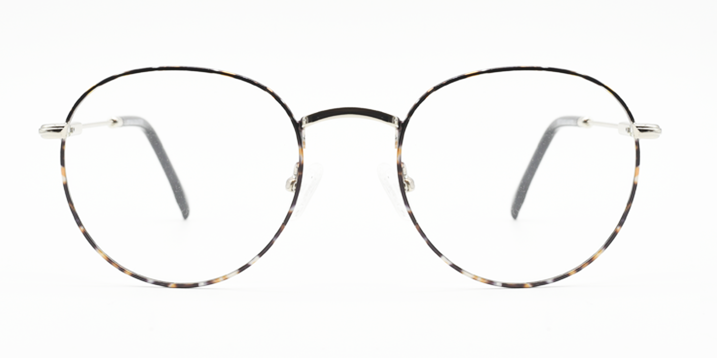 front view delicate round metal frame. tortoiseshell colour with silver colour bridge and lenses