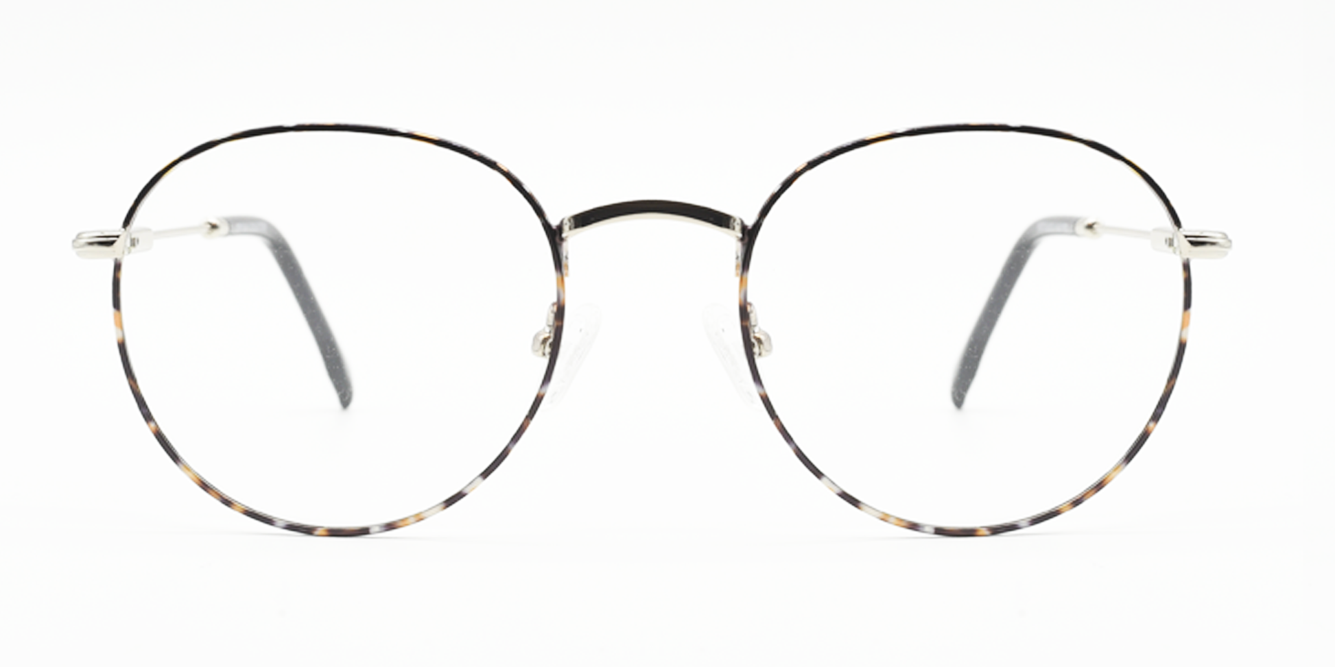 front view delicate round metal frame. tortoiseshell colour with silver colour bridge and lenses