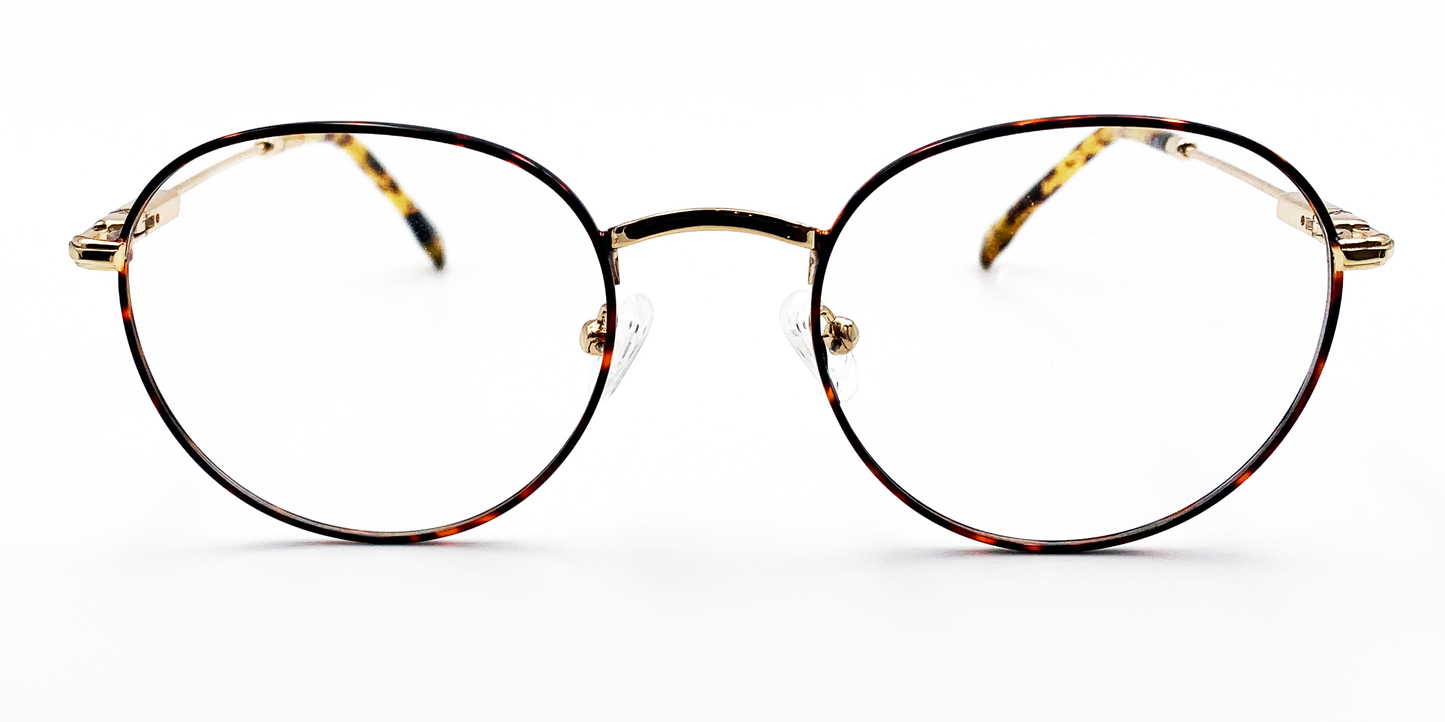 front view delicate round metal frame. dark tortoiseshell colour with gold colour bridge and arms