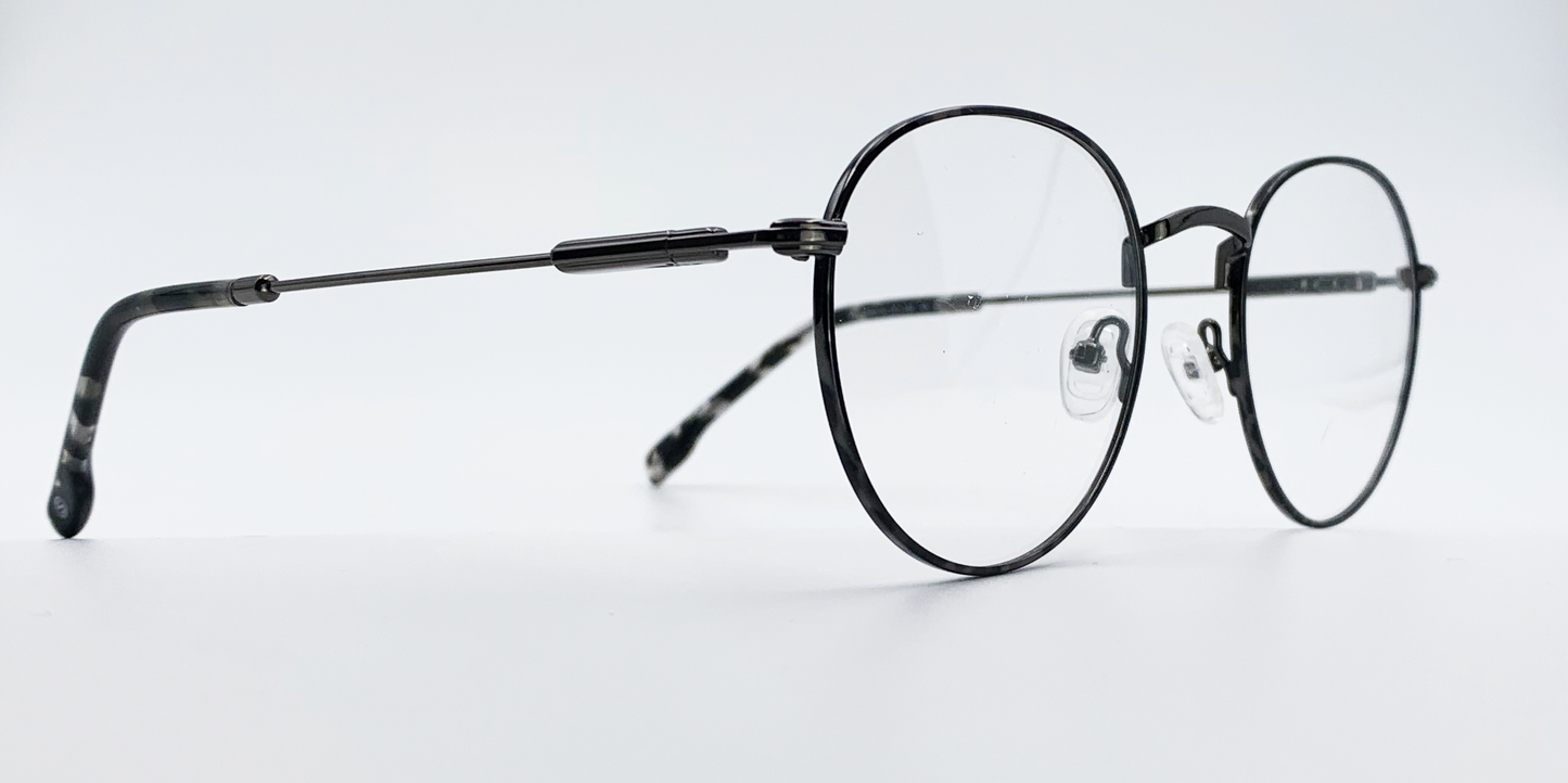side view delicate round metal frame. black frame, bridge and arms