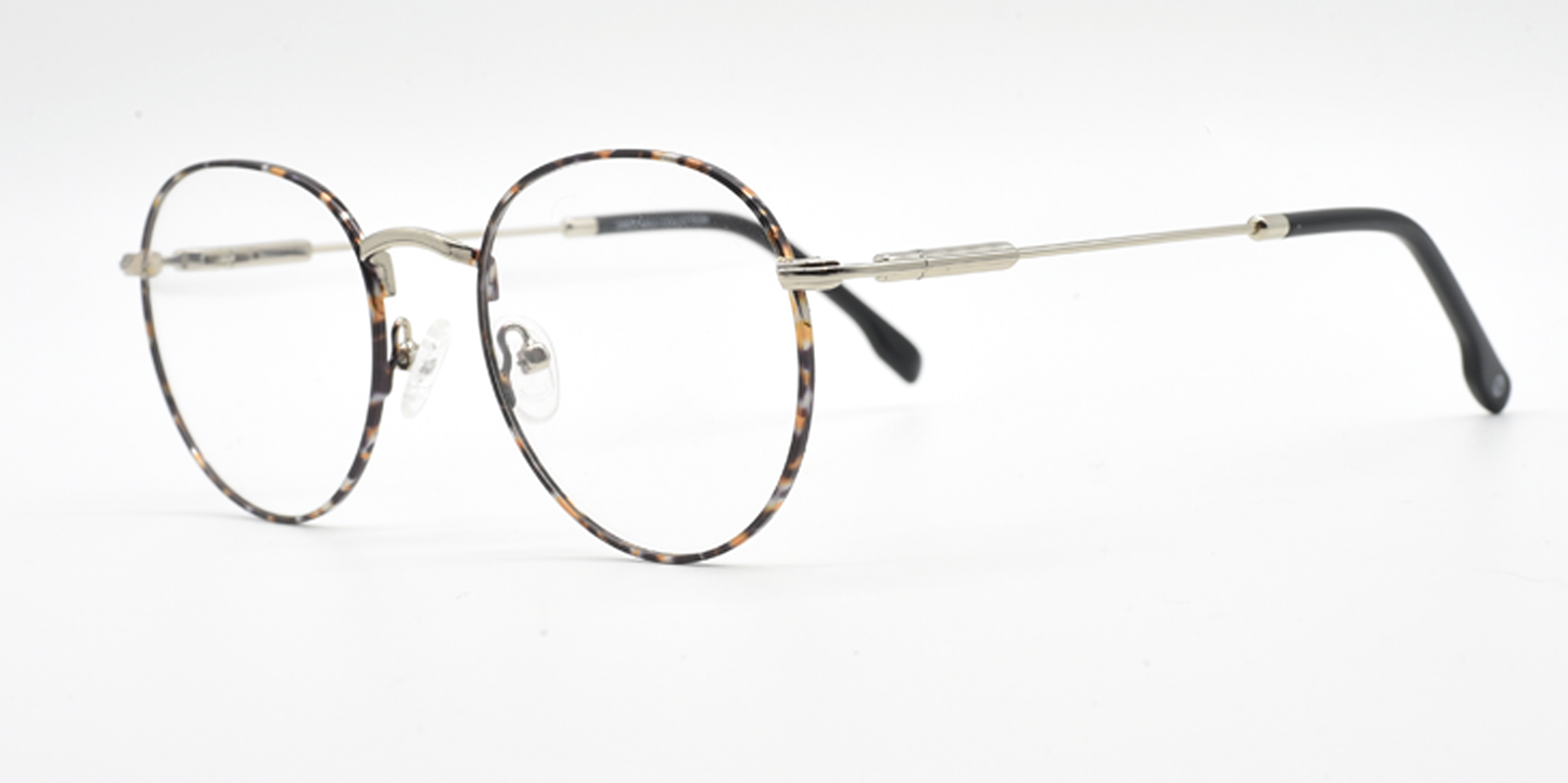 side view delicate round metal frame. tortoiseshell  colour, silver colour bridge and arms