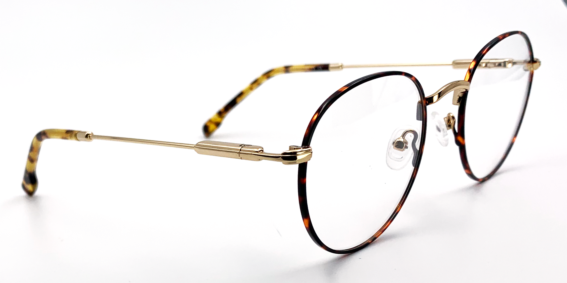 side view delicate round metal frame. tortoiseshell  colour, gold colour bridge and arms