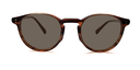 Front view round retro style glasses in brown marbled colour showing tinted lenses.