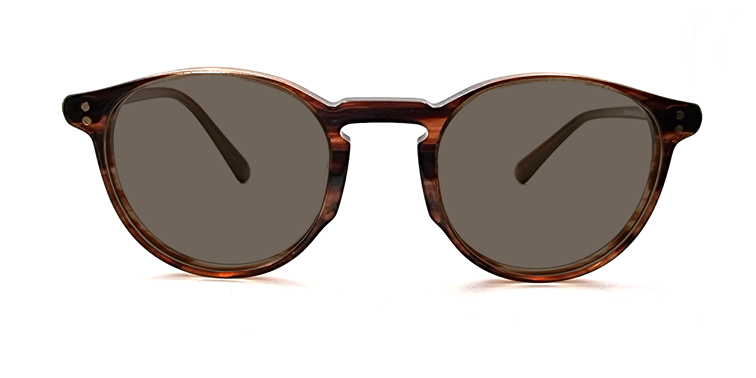 Front view round retro style glasses in brown marbled colour showing tinted lenses.