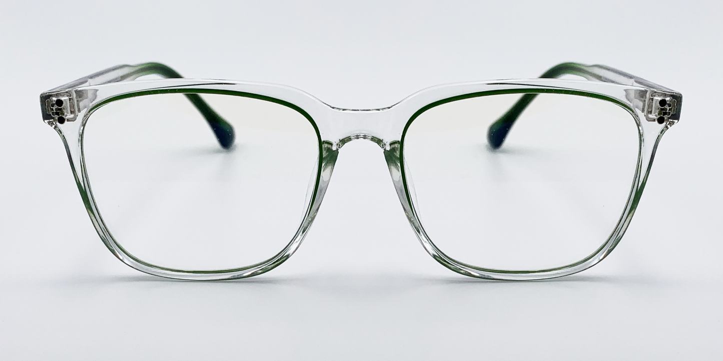 Clear with a hint of green. Front facing rounded rectangular lenses.