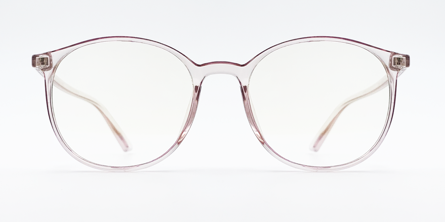 front view of clear round retro-style glasses. frame and arms same colour.