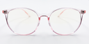 front view of clear with a hint of pink round retro-style glasses. frame and arms same colour.
