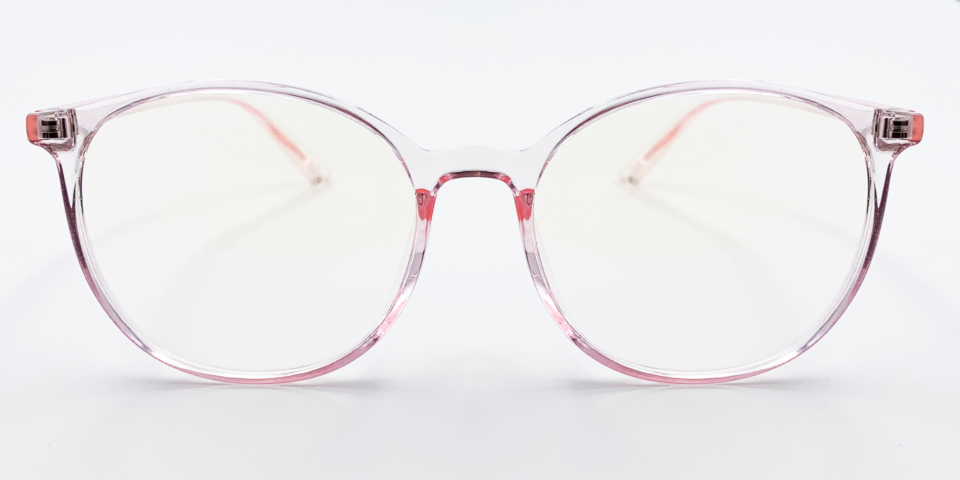 front view of clear with a hint of pink round retro-style glasses. frame and arms same colour.