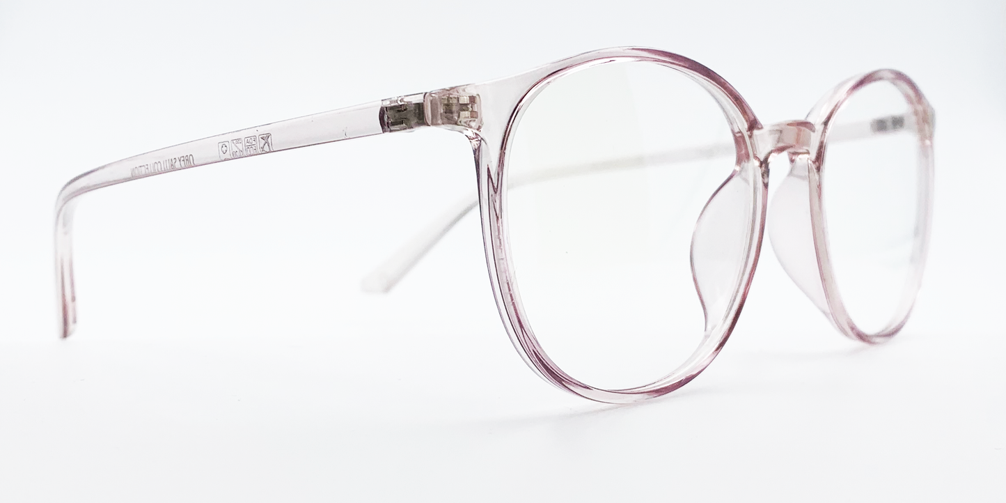 Side view of clear round retro-style glasses. frame and arms same colour.