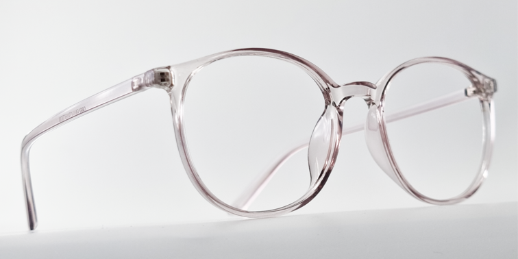 Side view of clear round retro-style glasses. frame and arms same colour.