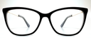 Front view. Black cat's-eye frame glasses. Gold coloured inner and black coloured outer arms.
