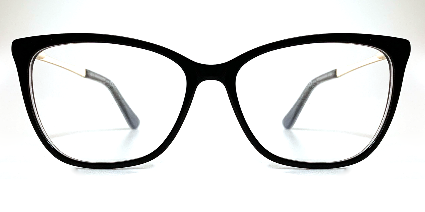 Front view. Black cat's-eye frame glasses. Gold coloured inner and black coloured outer arms.