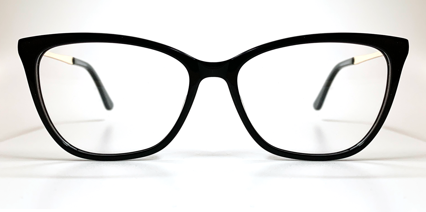 Front view. Black cat's-eye frame glasses. Gold coloured  inner, black coloured outer arms.