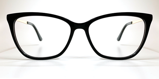 Front view. Black cat's-eye frame glasses. Gold coloured  inner, black coloured outer arms.