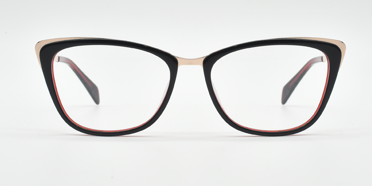 Front view. black/red cat's-eye frame showing gold coloured highlights to the top corners of the frame. 