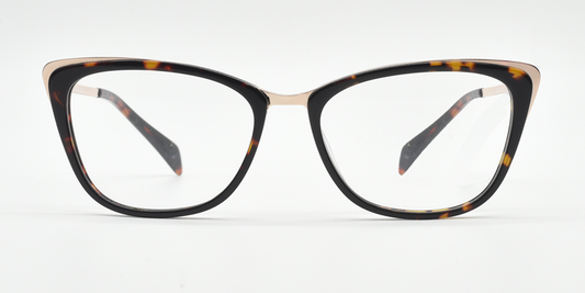 Front view. tortoiseshell cat's-eye frame showing gold coloured highlights to the top corners of the frame. 