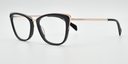 Front/side view. black cat's-eye frame showing gold coloured highlights to the top corners of the frame.  Gold coloured arms.