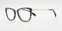 side view. tortoiseshjell cat's-eye frame showing gold coloured highlights to the top corners of the frame. Gold coloured arms