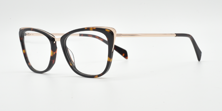 side view. tortoiseshjell cat's-eye frame showing gold coloured highlights to the top corners of the frame. Gold coloured arms
