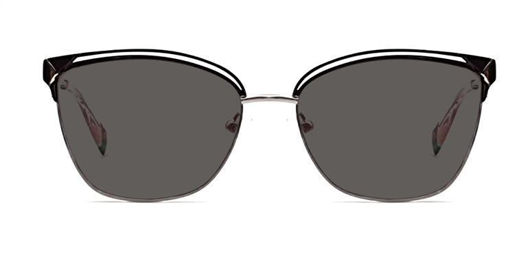 Front view of black/silver frame. black filigree detail on top of the frame. silver bridge and lower part of the frame. Showing with tinted lenses.