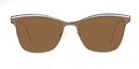 Front view of light brown frame with tinted lenses. Fine metal above creating eyebrow detail on top of the frame. Half rimless frame.