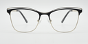 Front view of Black frame. Fine metal above creating eyebrow detail on top of the frame.  Half rimless frame.