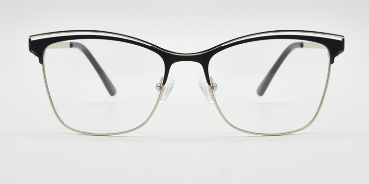 Front view of Black frame. Fine metal above creating eyebrow detail on top of the frame.  Half rimless frame.