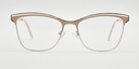 Front view of light brown frame. Fine metal above creating eyebrow detail on top of the frame. Half rimless frame.