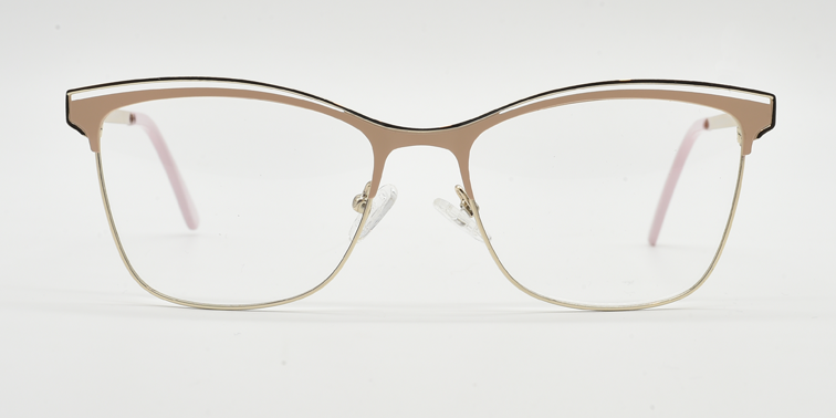 Front view of light brown frame. Fine metal above creating eyebrow detail on top of the frame. Half rimless frame.