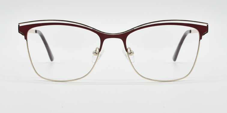 Front view of Red frame. Fine metal above creating eyebrow detail on top of the frame. Half rimless frame.