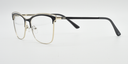 side view of Black frame. Fine metal above creating eyebrow detail on top of the frame. Half rimless frame. black arms.