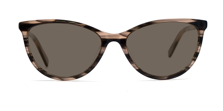 Front view. Cat's eye glasses in grey marble colour with tinted lenses