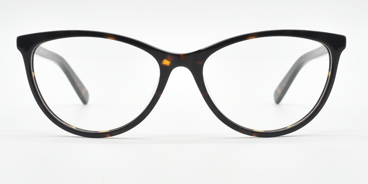 Front view. Cat's eye glasses in tortoiseshell colour.