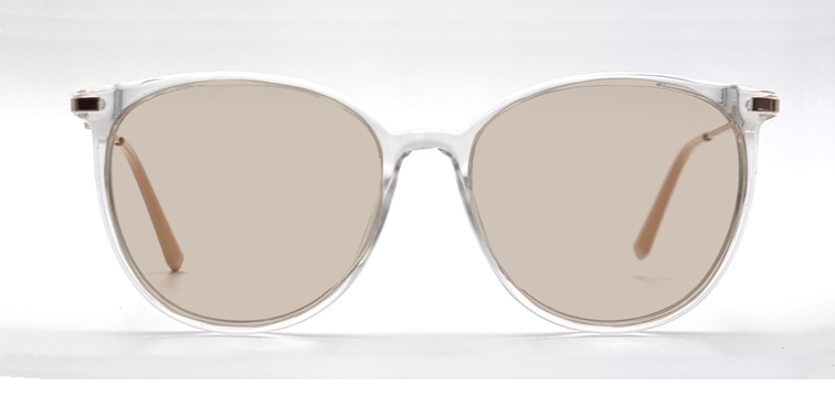 Front facing view of round  clear frame.  showing tinted lenses